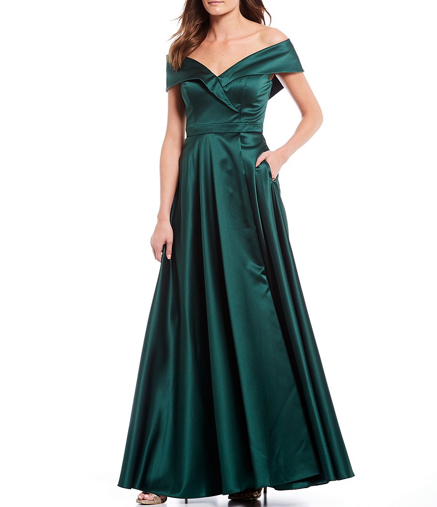 Xscape Off-the-Shoulder Cap Sleeve Satin Ball Gown