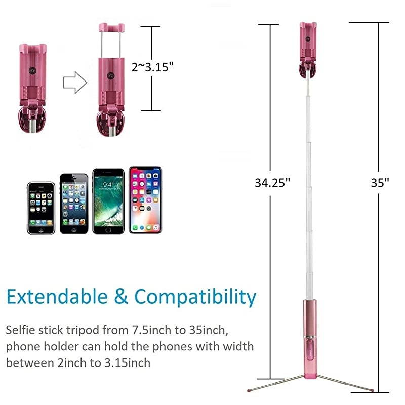Selfie Stick Tripod Bluetooth,  Mini Extendable Aluminum Selfie Stick with Wireless Remote and Tripod Stand 360 Rotation for iPhone 11/XS/XR/X/8/7 Plus, Samsung and Android Phone (Pink)