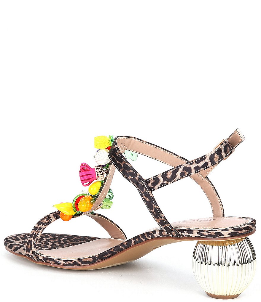 Betsey Johnson Theaa Leopard Print Fruit Embellished Sculptural Heel Sandals