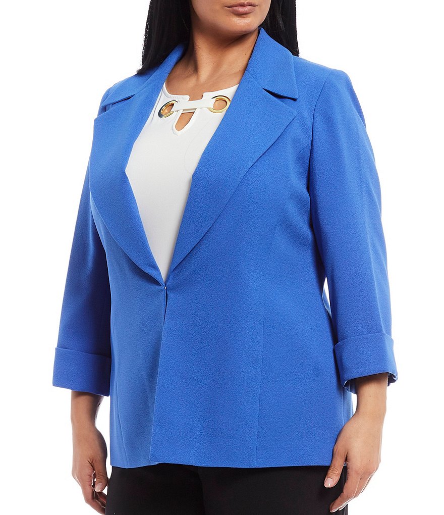 Kasper Plus Size Stretch Crepe Stand Combo Collar One Button Jacket