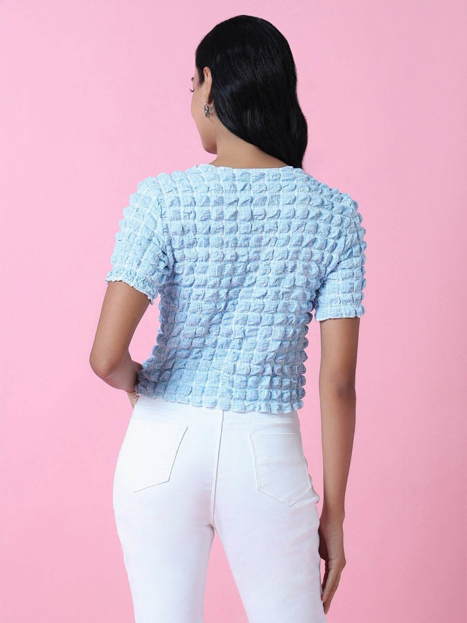 SHOWOFF Blue Textured Crop Top