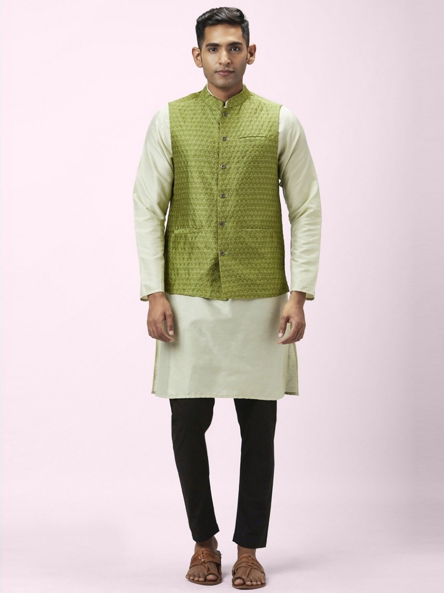 Indus Route By Pantaloons Lime Green Regular Fit Self Pattern Kurta Set With Bottom