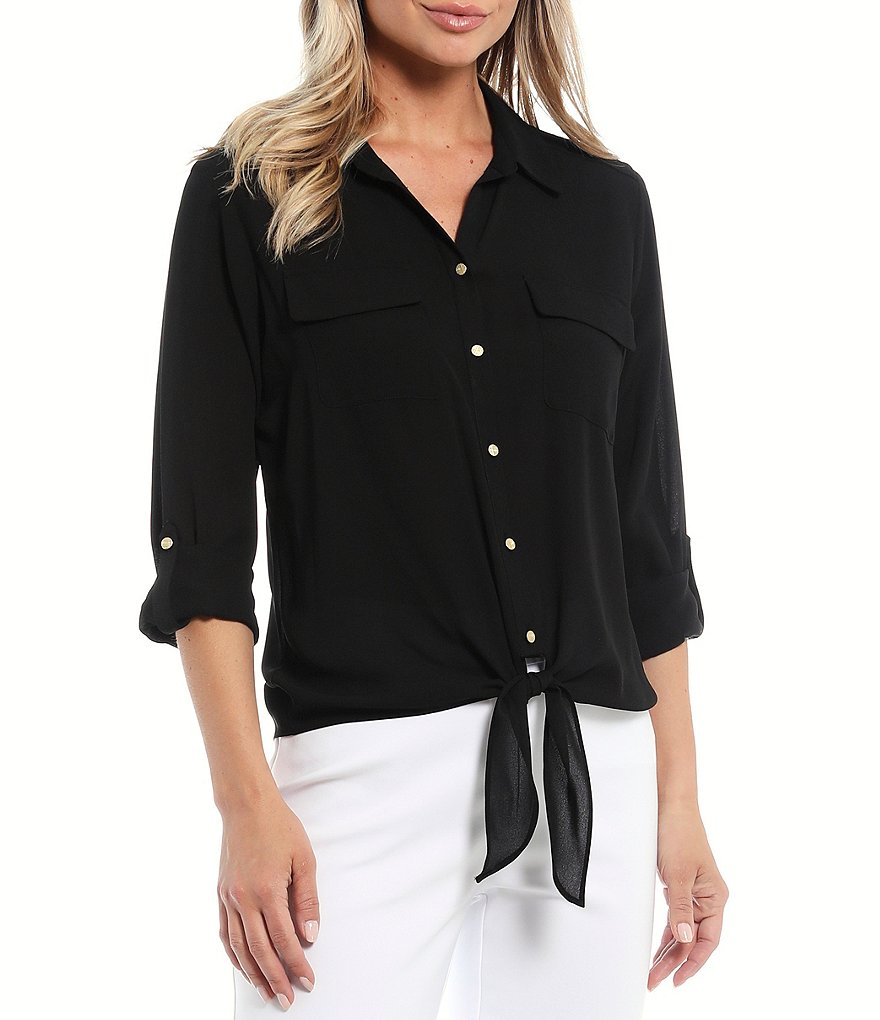 Investments Solid Point Collar Neck Button-Front Long Sleeve Tie-Front Top