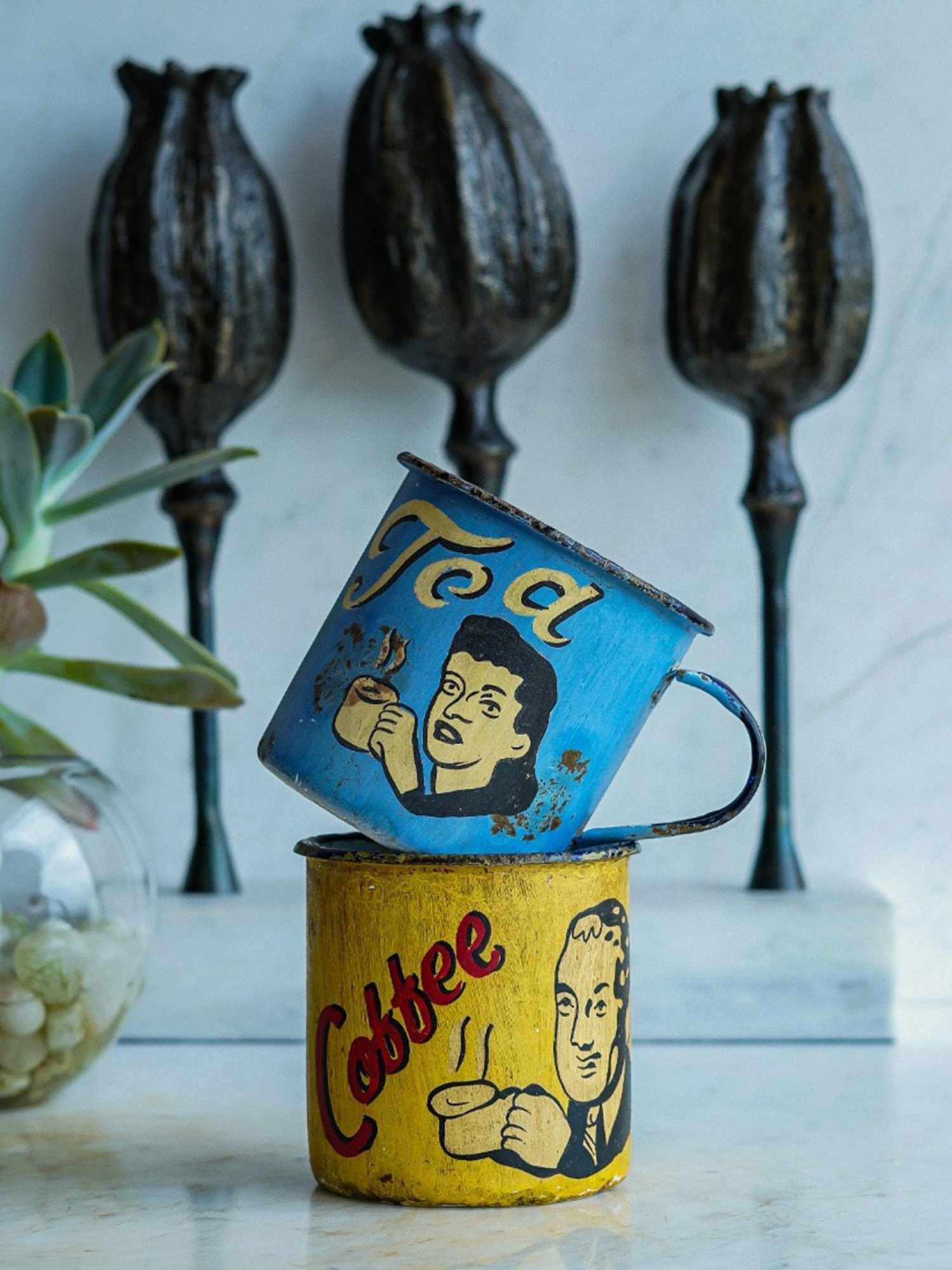 Artisans Rose Hand-painted Blue & Yellow Enamel Vintage Mugs - Set of 2