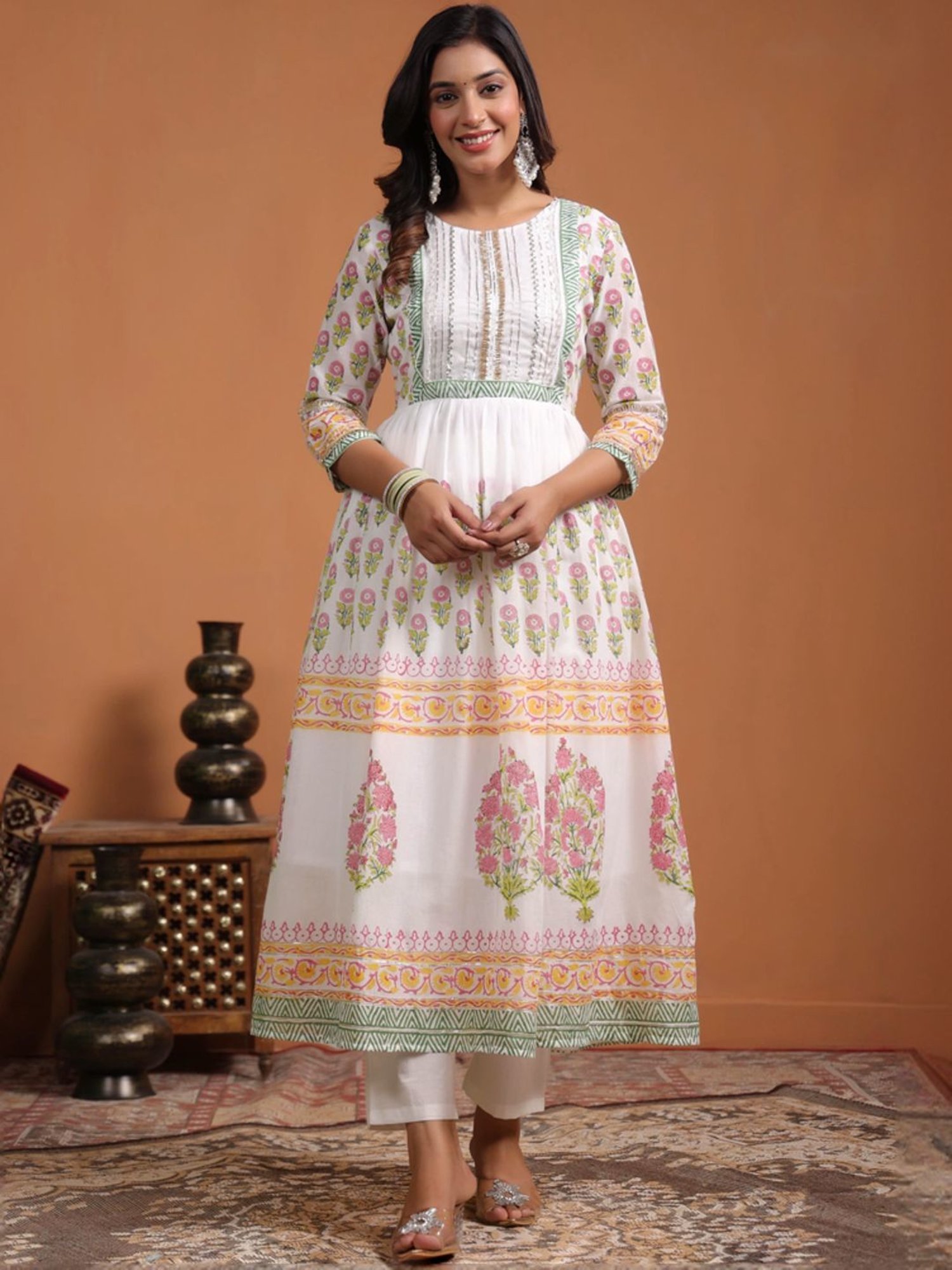 SCAKHI White Cotton Floral Print Kurta Pant Set With Dupatta