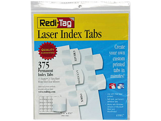 Redi-Tag 39017 Laser Printable Index Tabs, 1 1/8 x 1 1/4, White, 375/Pack