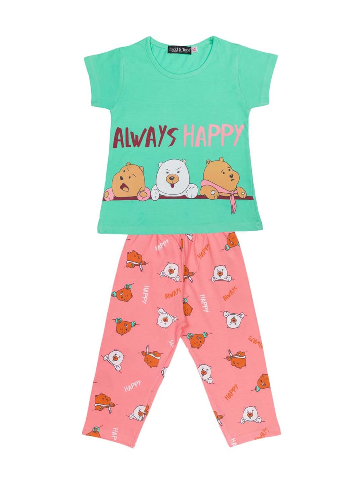 Todd N Teen Kids Pink & Green Cotton Printed T-Shirt & Capris - Pack of 2