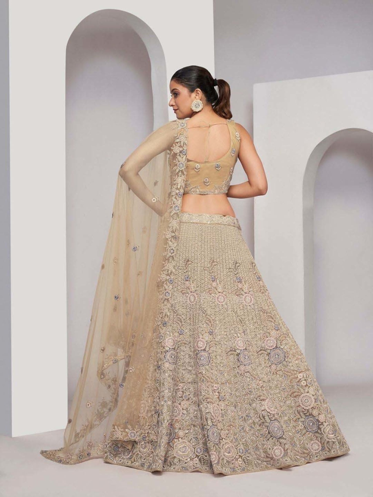 Odette Beige Embroidered Semi-Stitched Lehenga Choli Set with Dupatta