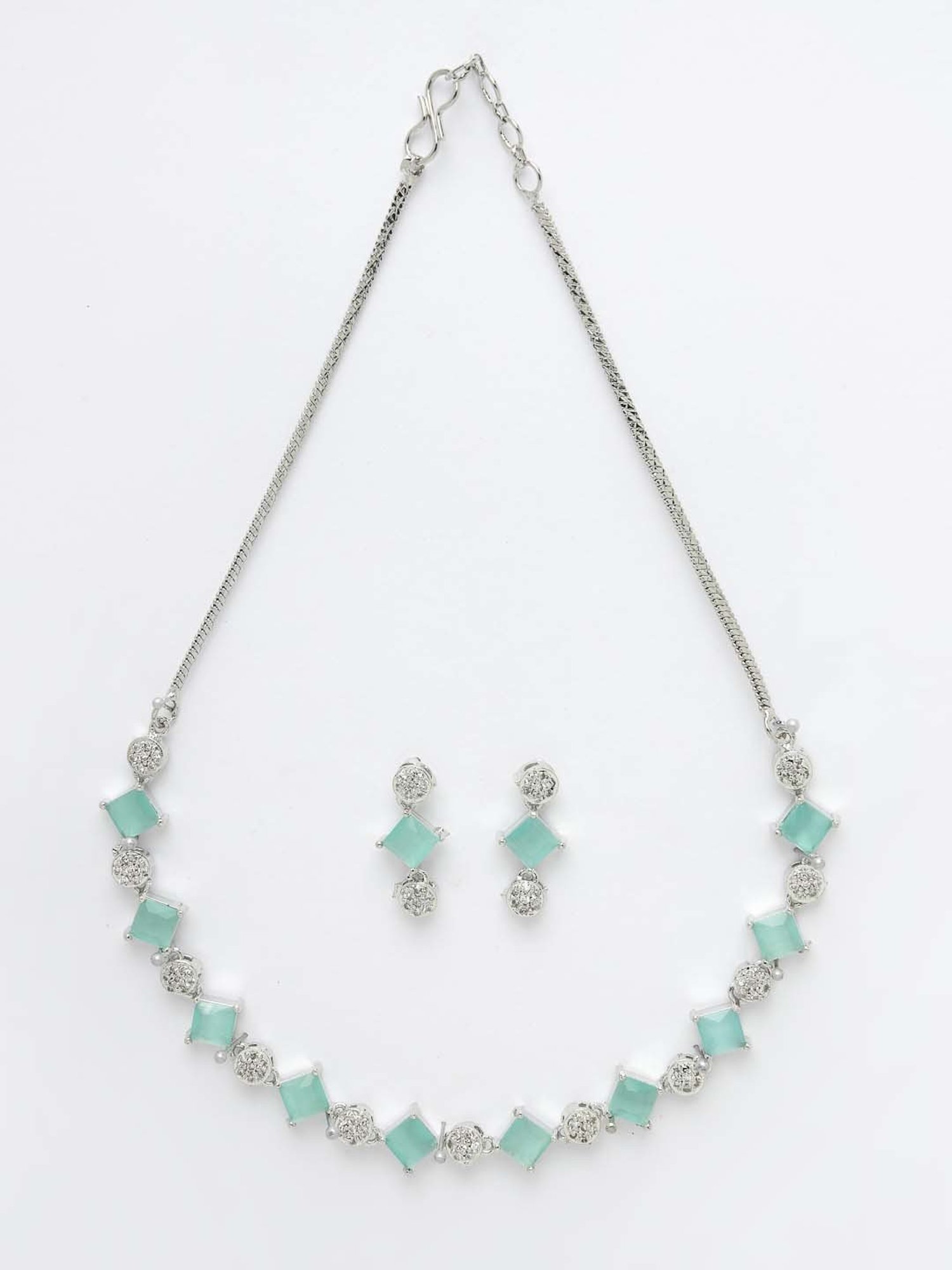 NVR Silver Plated & Blue CZ Stone Handcrafted Jewellery Set for Women