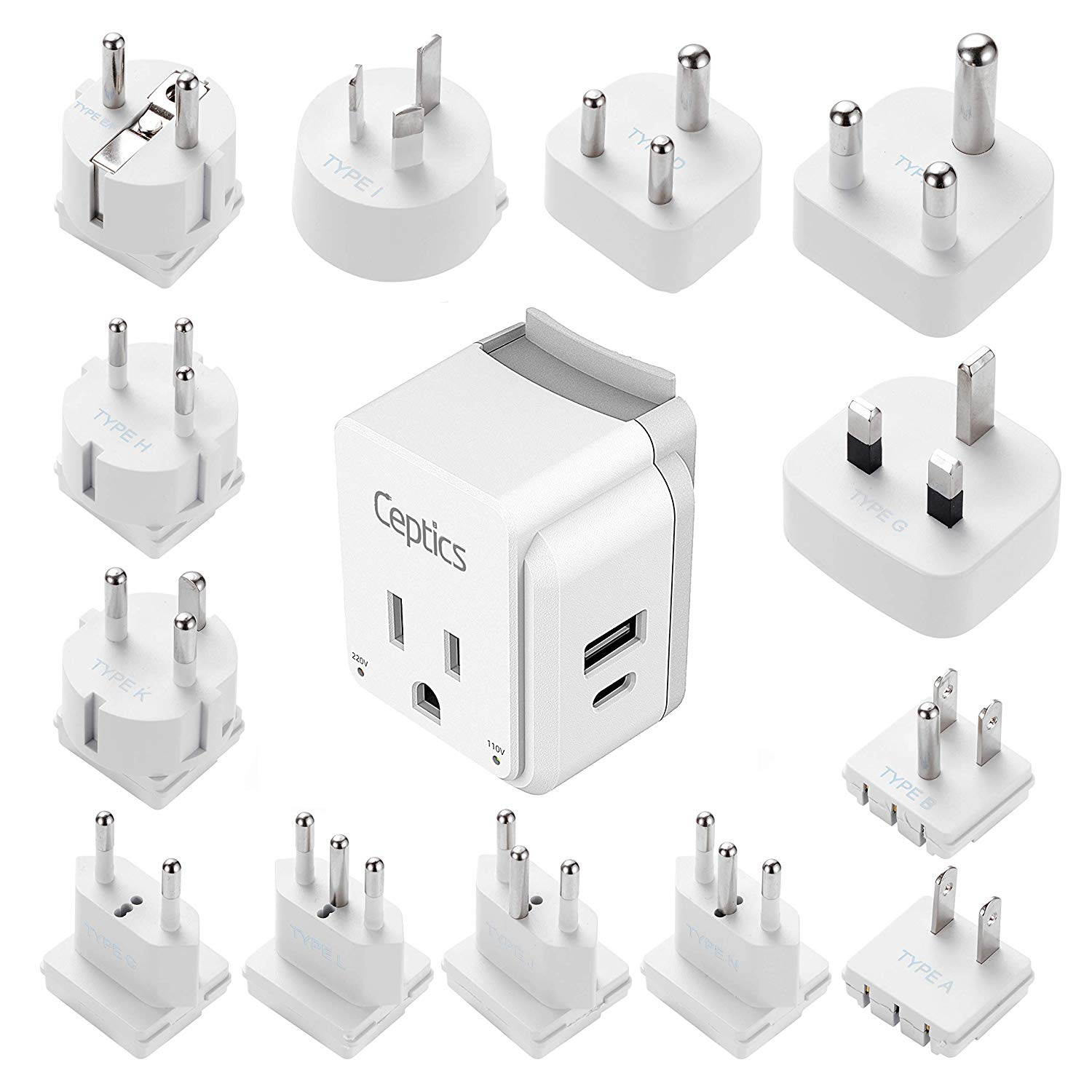 PAK-ALL Complete International 13 Travel Adapter Set | USB & USB-C Ports + 2 US Outlets