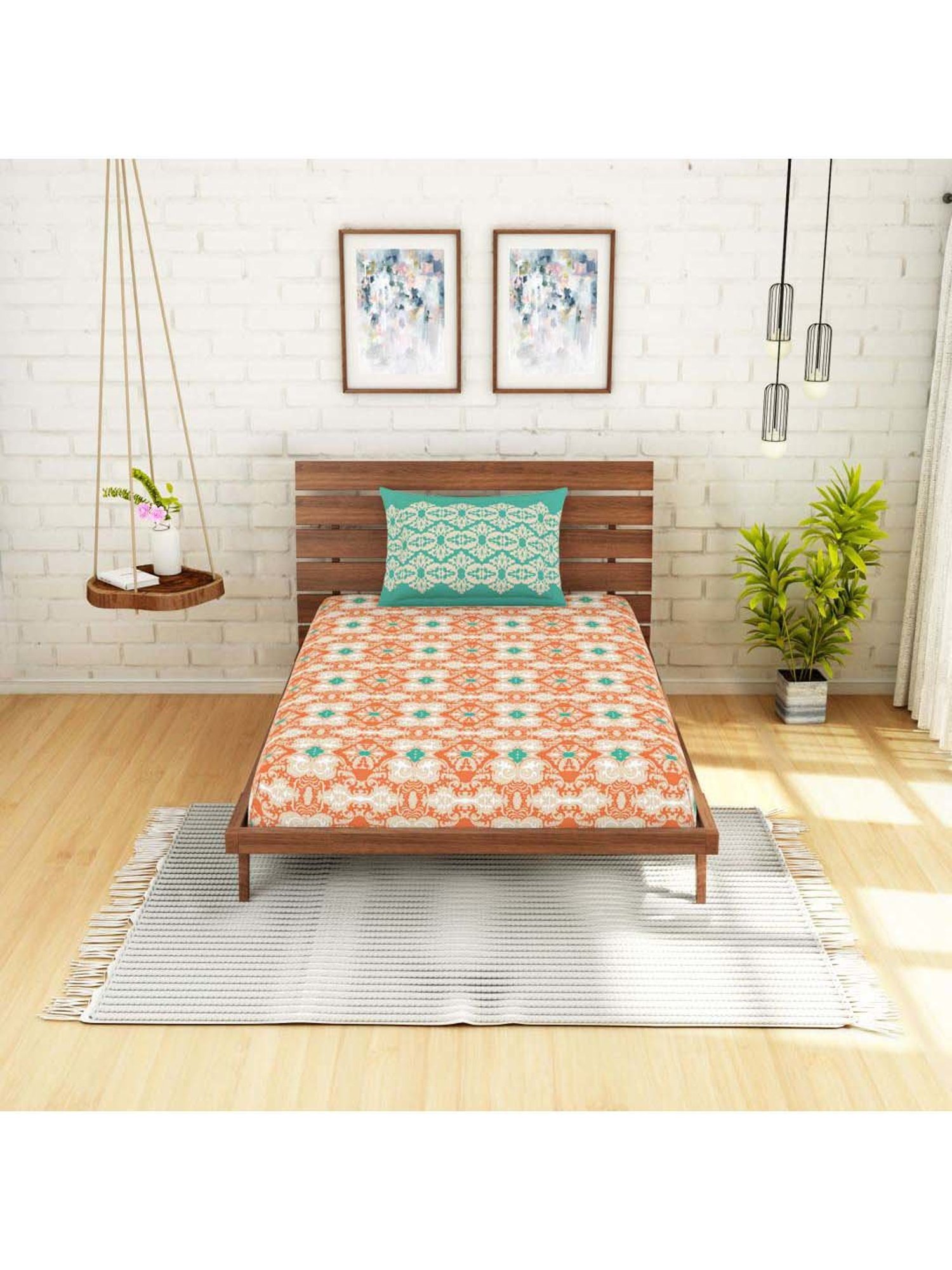 Spaces Atrium Plus Orange & Green Cotton 210 TC Bed Sheet Set