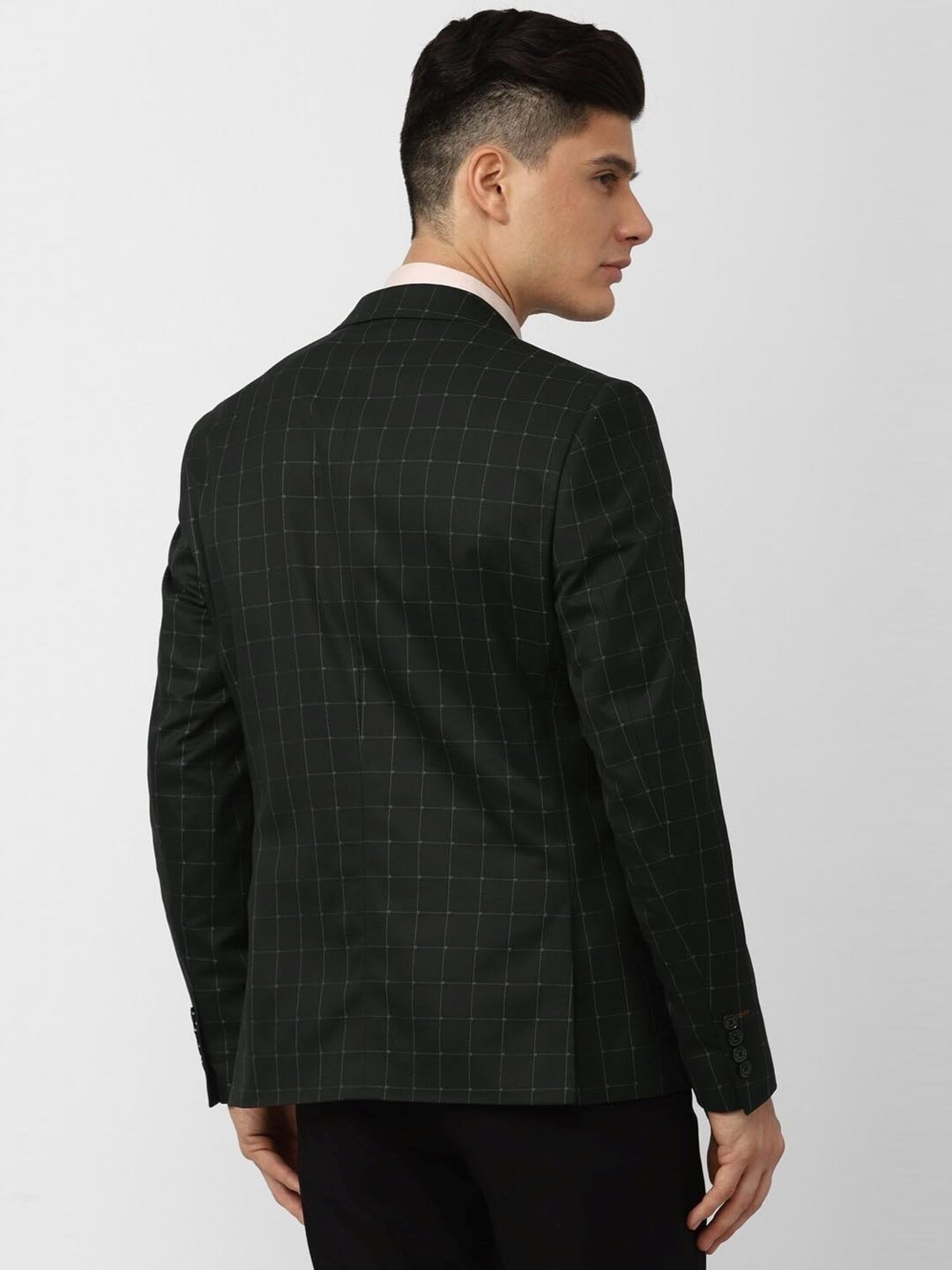 V Dot Black Skinny Fit Checks Blazer