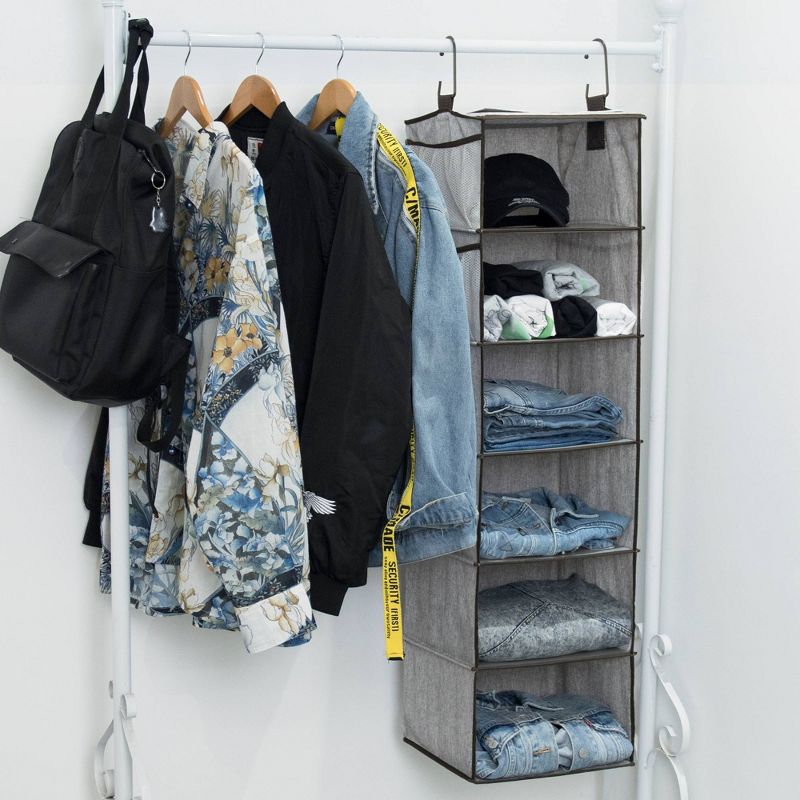 StorageWorks 6-Shelf Polyester Hanging Closet Organizer with Side Pockets Gray