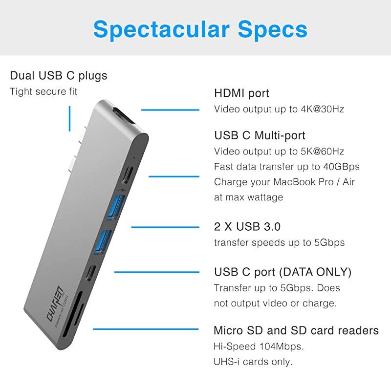 MacBar USB C Hub for MacBook Air 2020 2019 2018 MacBook Pro 2020 20162019 HDMI 4K 100W PD 2 USB 30 microSD SD card USBC port Type C Hub USBC hub