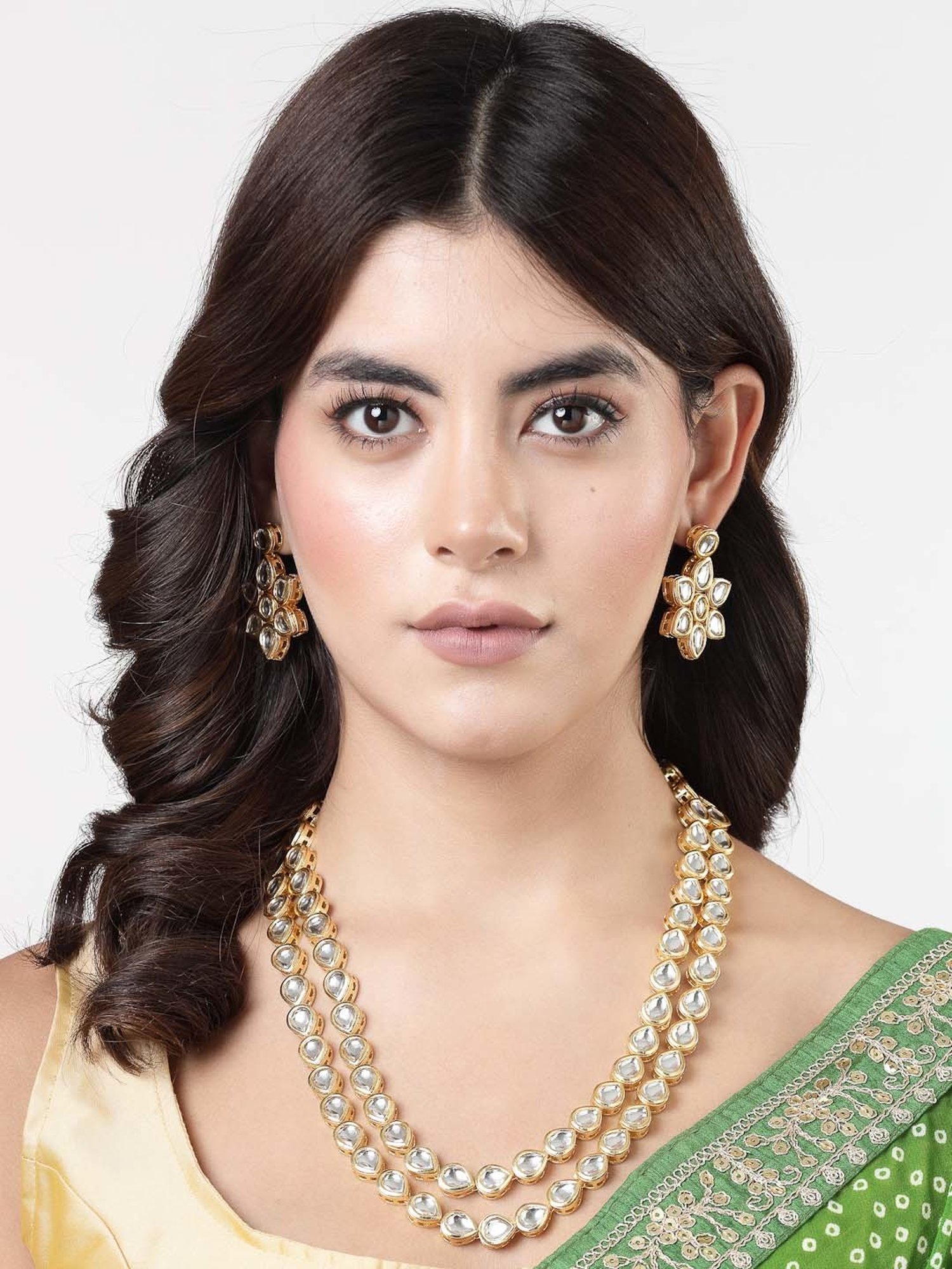 NVR Rhodium-Plated Kundan-Studded Necklace And Earrings for Women