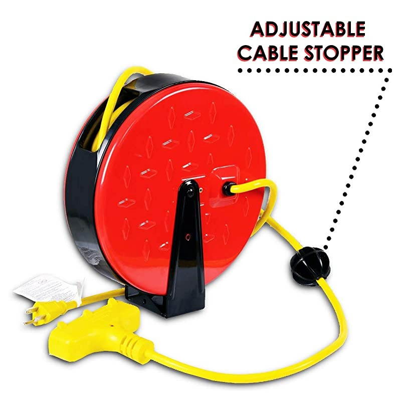 PRO Mini Extension Cord Reel Retractable Heavy Duty Industrial Steel Long 30 FT 16AWG SJTW Commercial Cable S3 Triple Tap Connector with Mounting Bracket Perfect for Indoor Use
