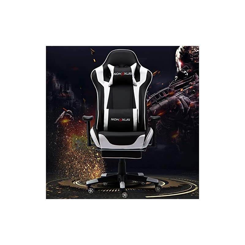 Gaming Chair Large Size High-back Ergonomic Racing Seat with Massager Lumbar Support and Retractible Footrest PU Leather 90-180 degree adjustment of backrest Thickening sponges (YK-6008-WHITE)