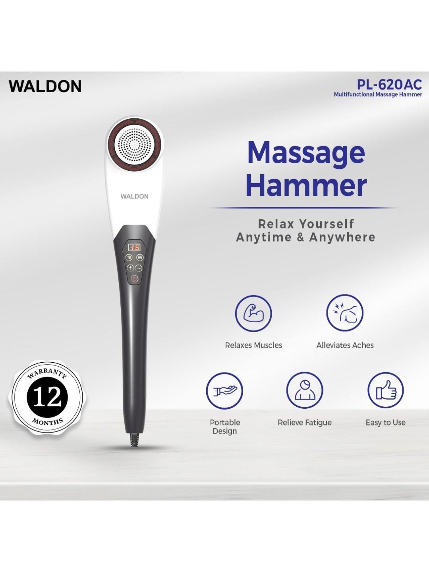 Waldon PL-620AC Corded Handheld Full Body Hammer Massager with 5 Massage Heads (Black and White)