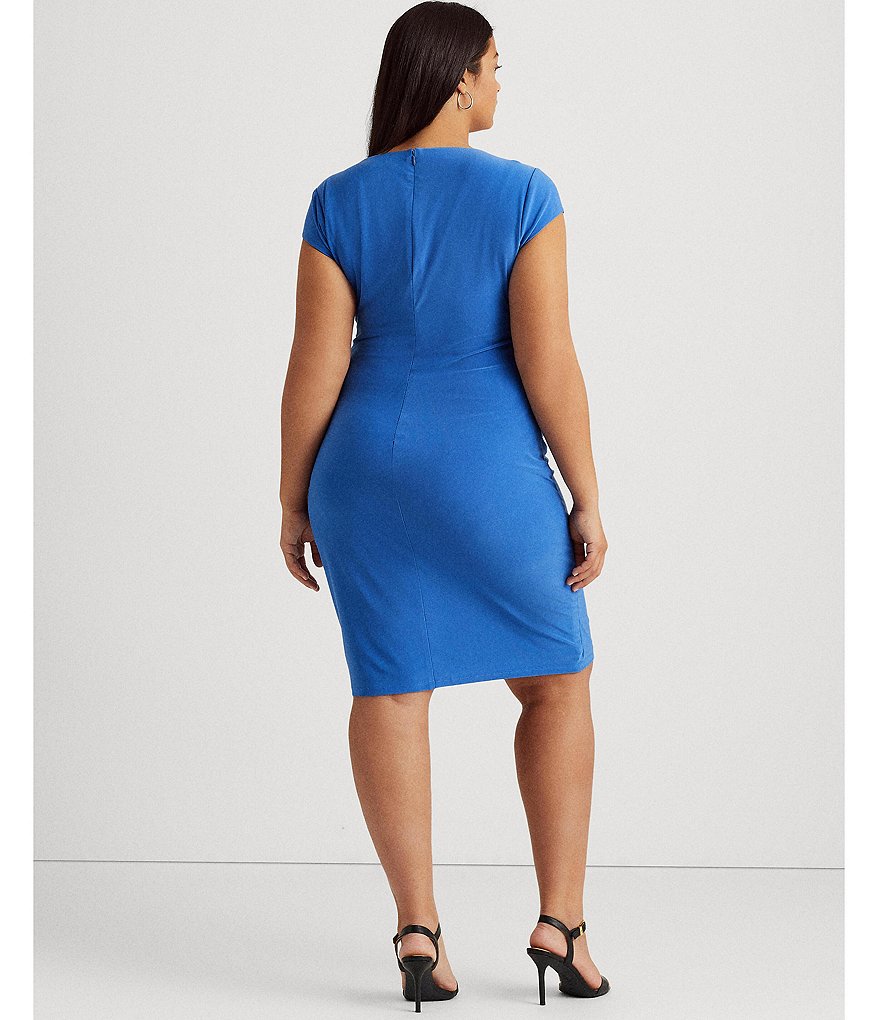 Lauren Ralph Lauren Plus Size Jewel Keyhole Neck Cap Sleeve Ruched Waist Faux Wrap Jersey Dress