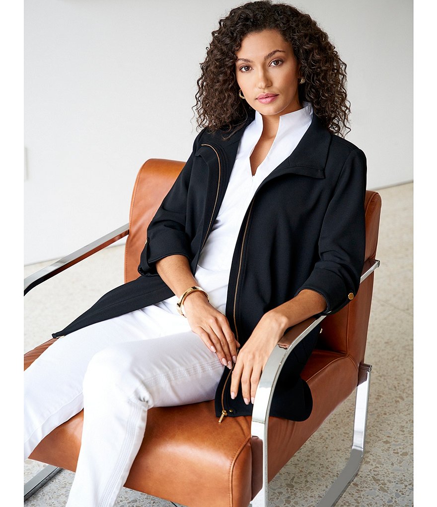 Ming Wang Deco Crepe 3/4 Sleeve Zip-Front Shirt Jacket