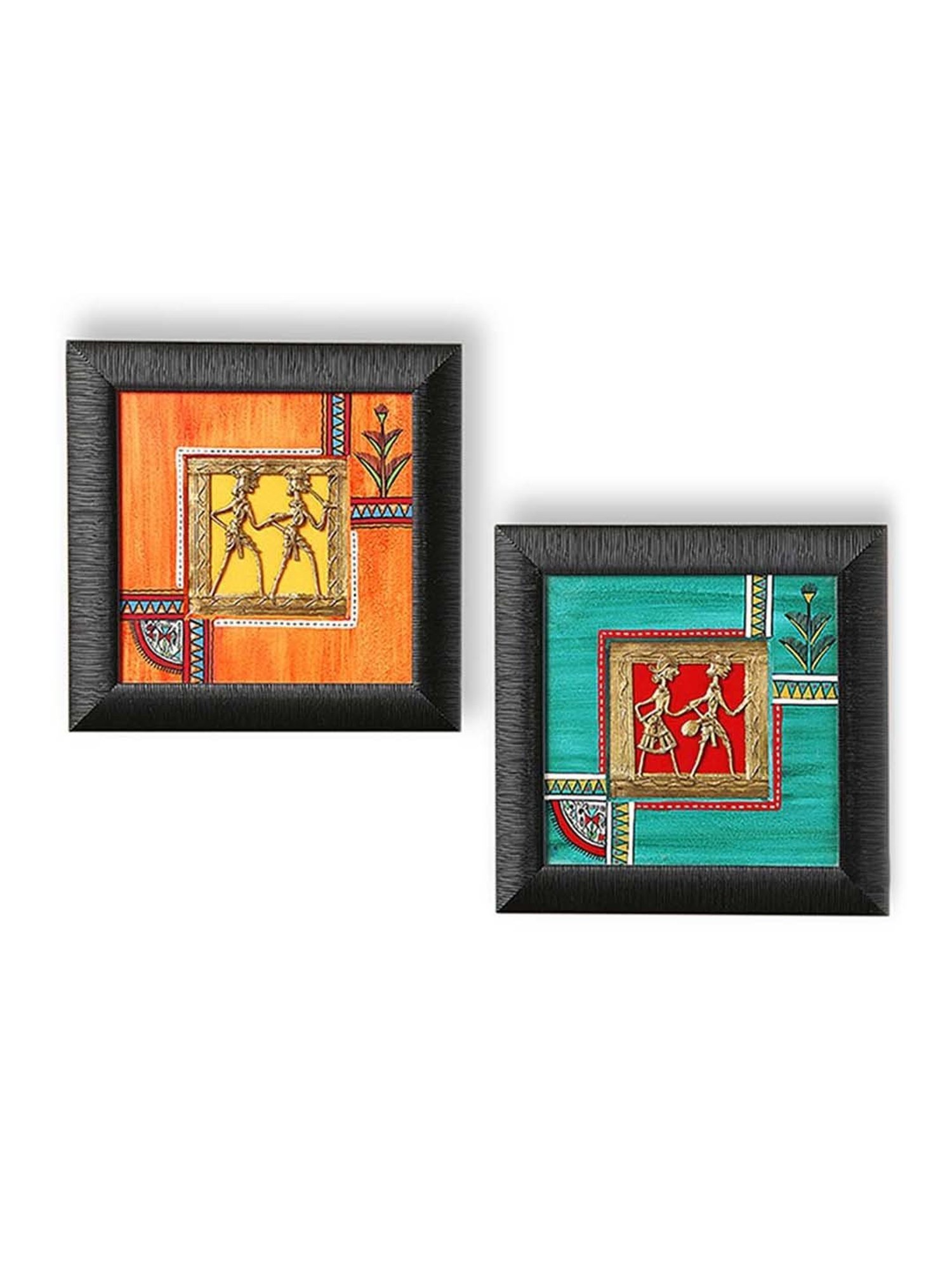 ExclusiveLane Sunset Orange & Ocean Blue Handpainted Warli & Dhokra Square Wall Painting Set