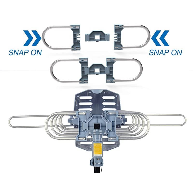 Outdoor Digital HD TV Antenna 150 Miles Motorized 360 Degree Rotation with Mounting Pole and 40FT RG6 Coax Cable - UHF/VHF / 1080P / 4K Snap-On Installation