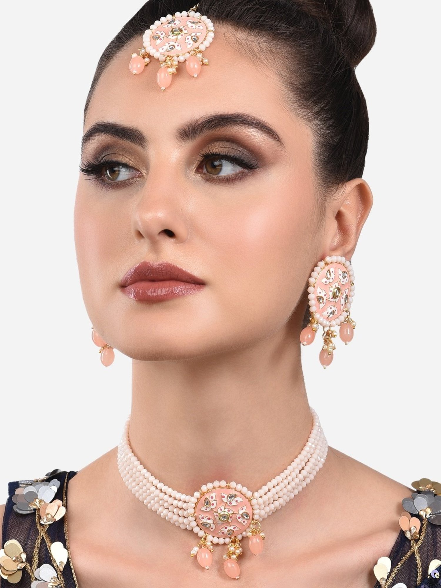 Zaveri Pearls Peach Meenakari Multistrand Beaded Choker Necklace Earring & Maangtikka Set-ZPFK13782