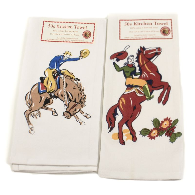 Tabletop 24.0" Buckin Bronco & Cowgirl Sack 50'S Kitchen Towel Cotton Red And White Kitchen Company  -  Kitchen Towel