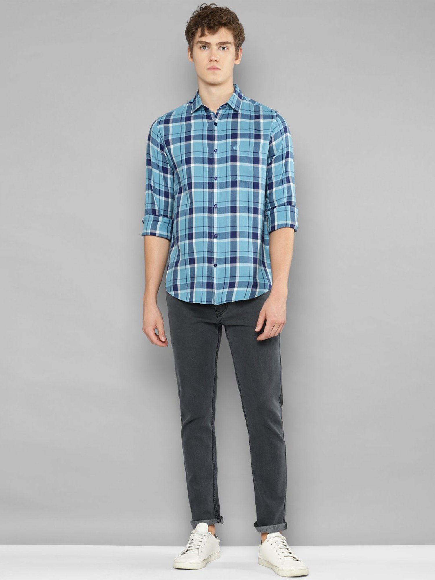 Allen cooper Blue Regular Fit Check Cotton Shirt