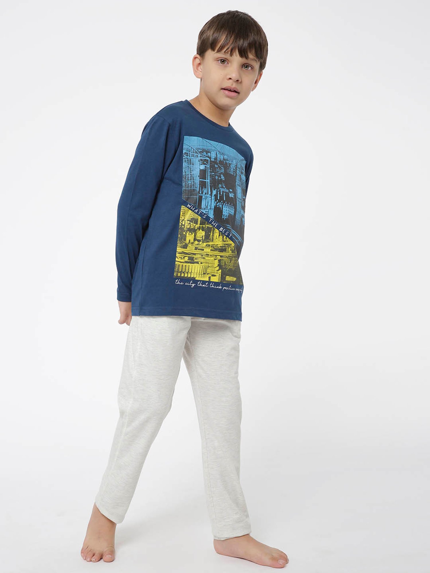 Sweet Dreams Kids Navy & Grey Printed Full Sleeves T-Shirt with Pyjamas