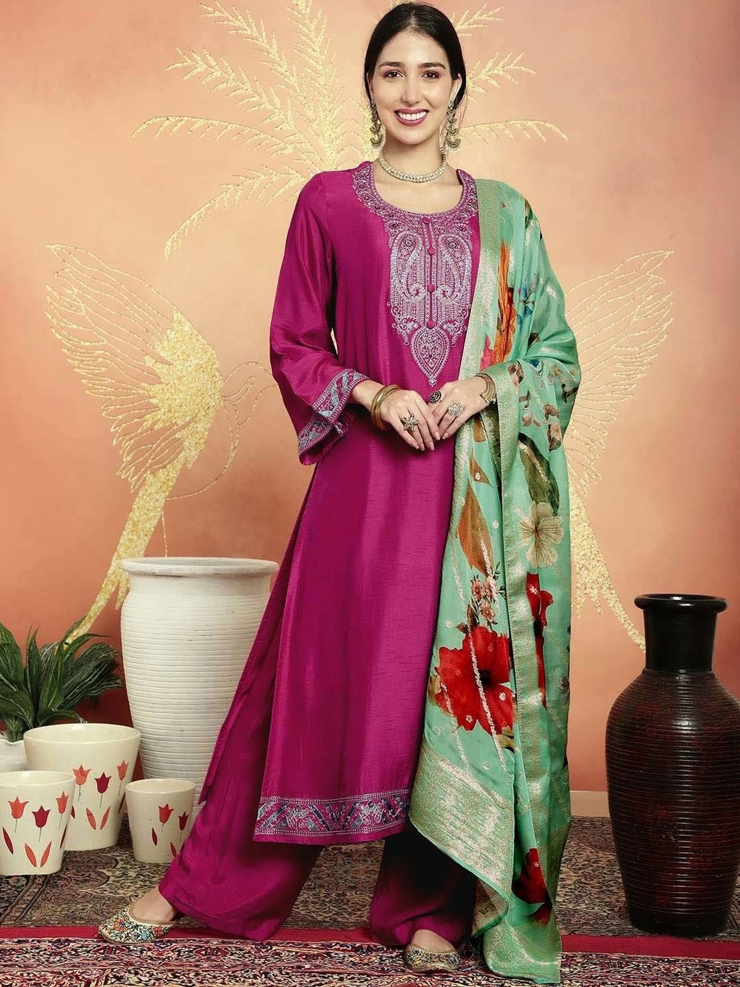 Stylee LIFESTYLE Magenta Embroidered Unstitched Dress Material