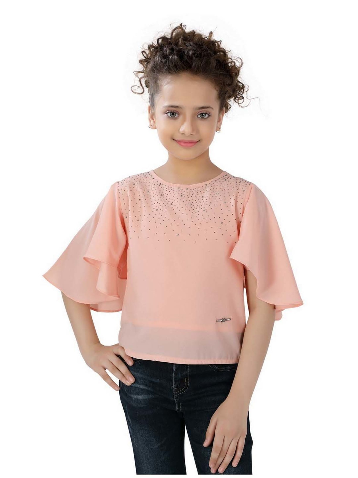 poplins Kids Peach Cotton Embellished Top