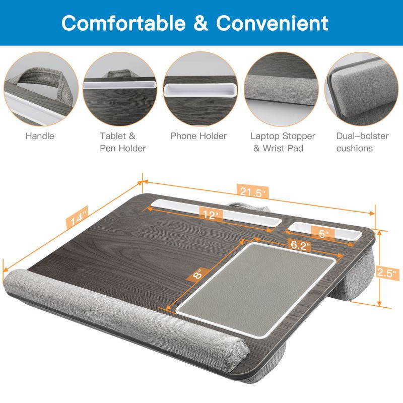 HUANUO Lap Desk - Fits up to 17 inches Laptop Desk, Built in Wrist Pad for Notebook, MacBook, Tablet, Lap Laptop Desk with Tablet, Pen & Phone Holder (Black Woodgrain, Big)