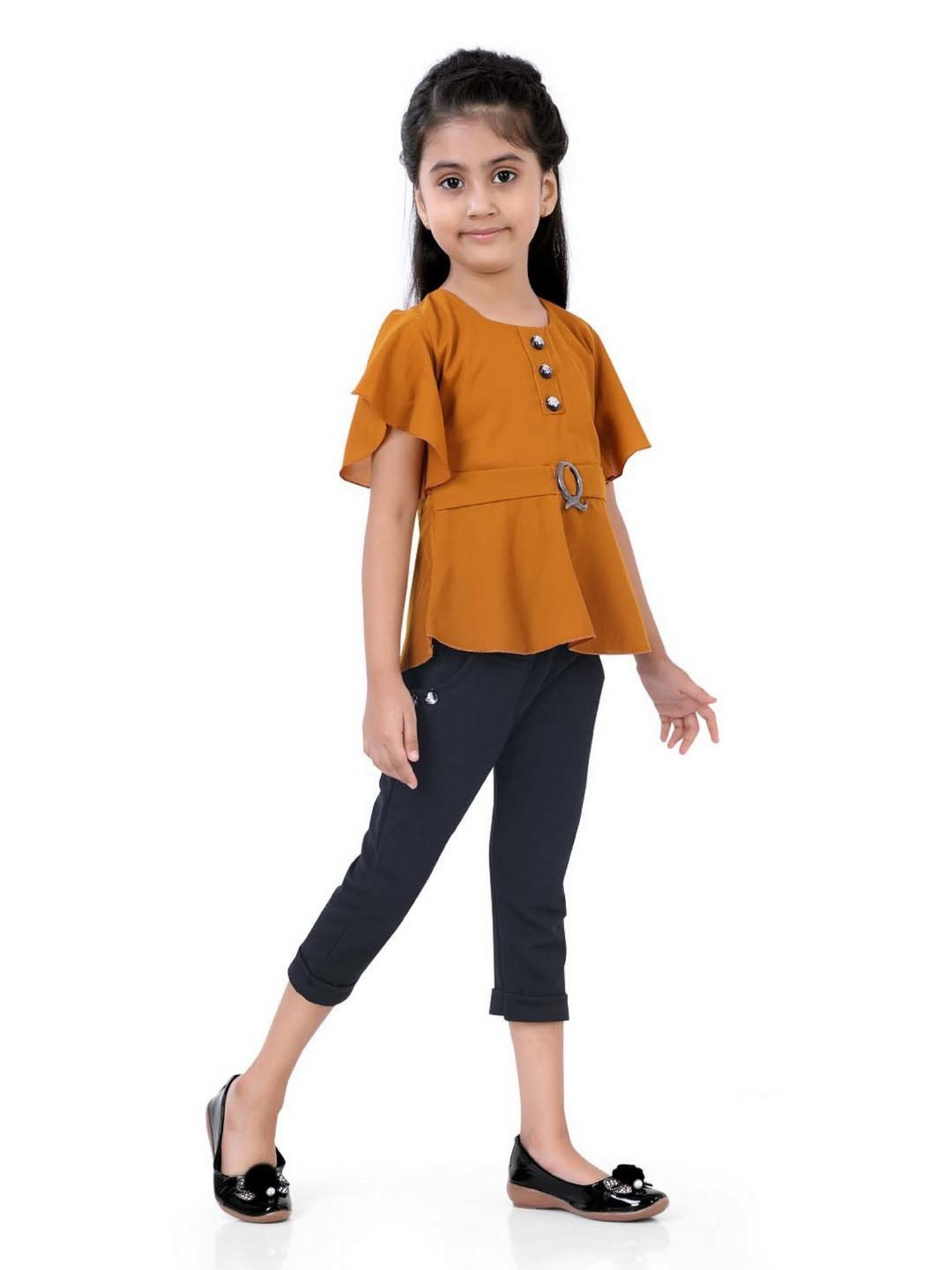 poplins Kids Mustard & Black Cotton Regular Fit Top Set