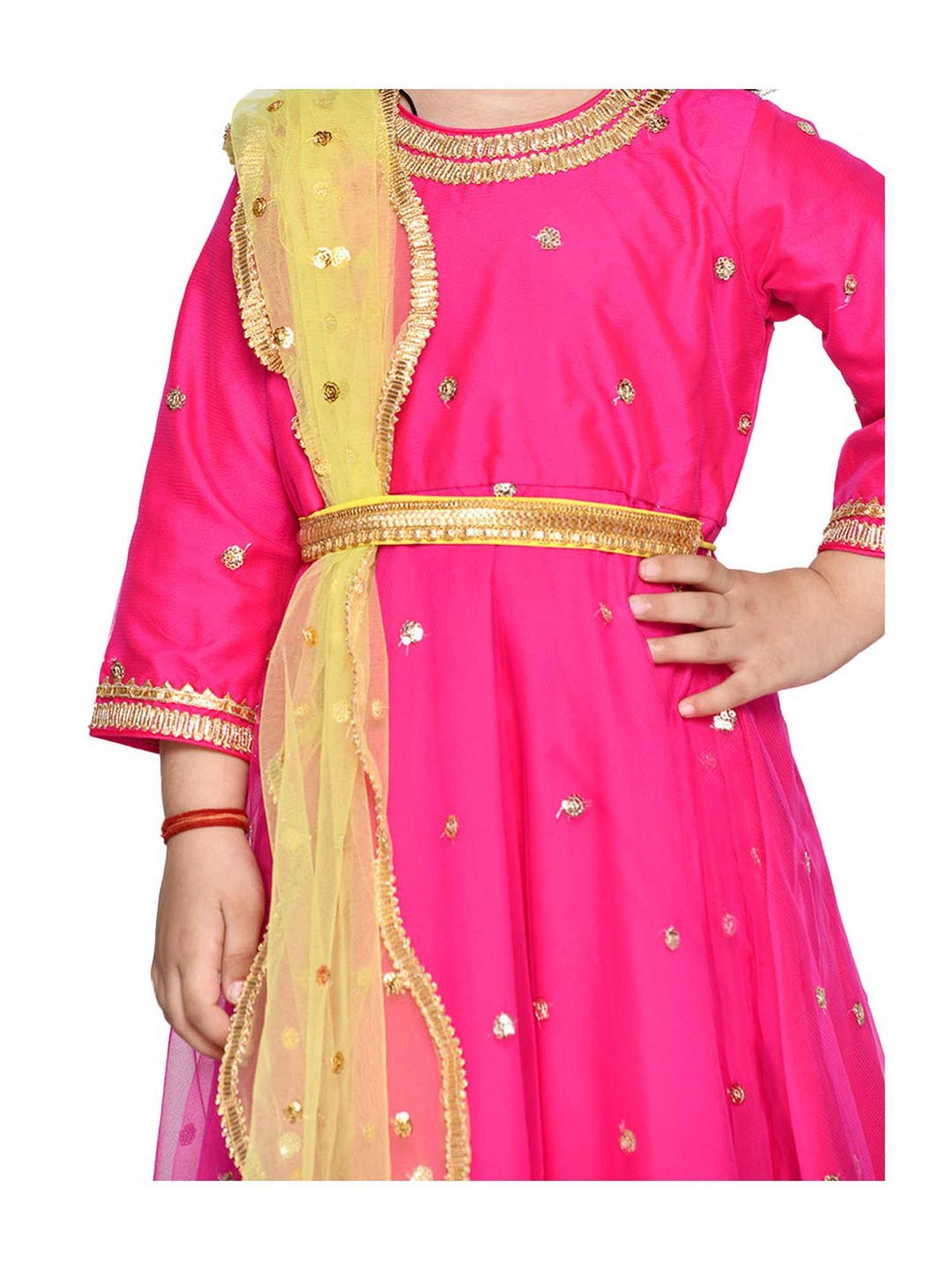 Saka Designs Kids Pink & Yellow Embellished Gown with Attached Dupatta & Belt