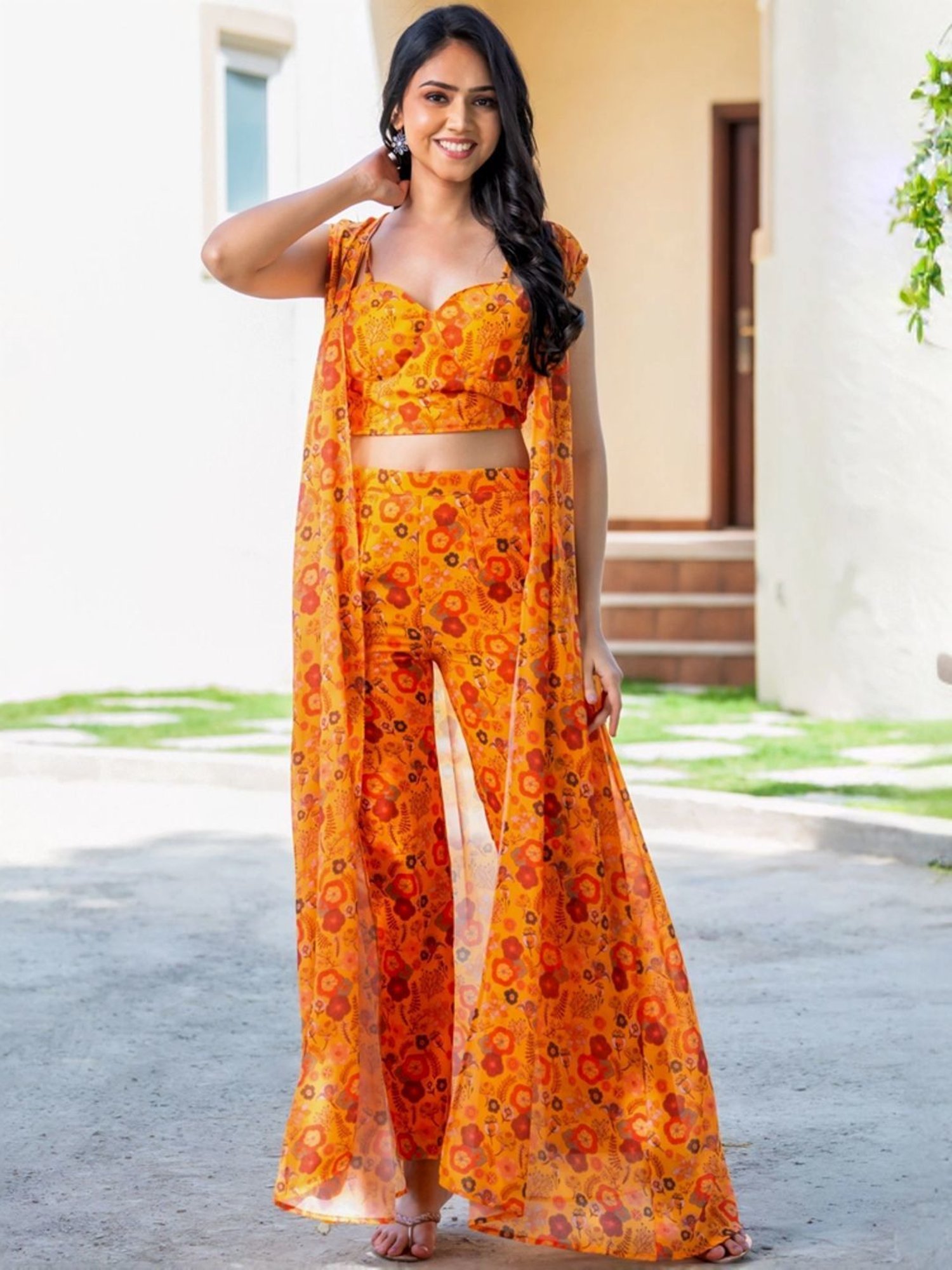 HOUSE OF JAMOTI Mustard Printed Crop Top Palazzo Set With Long Cape