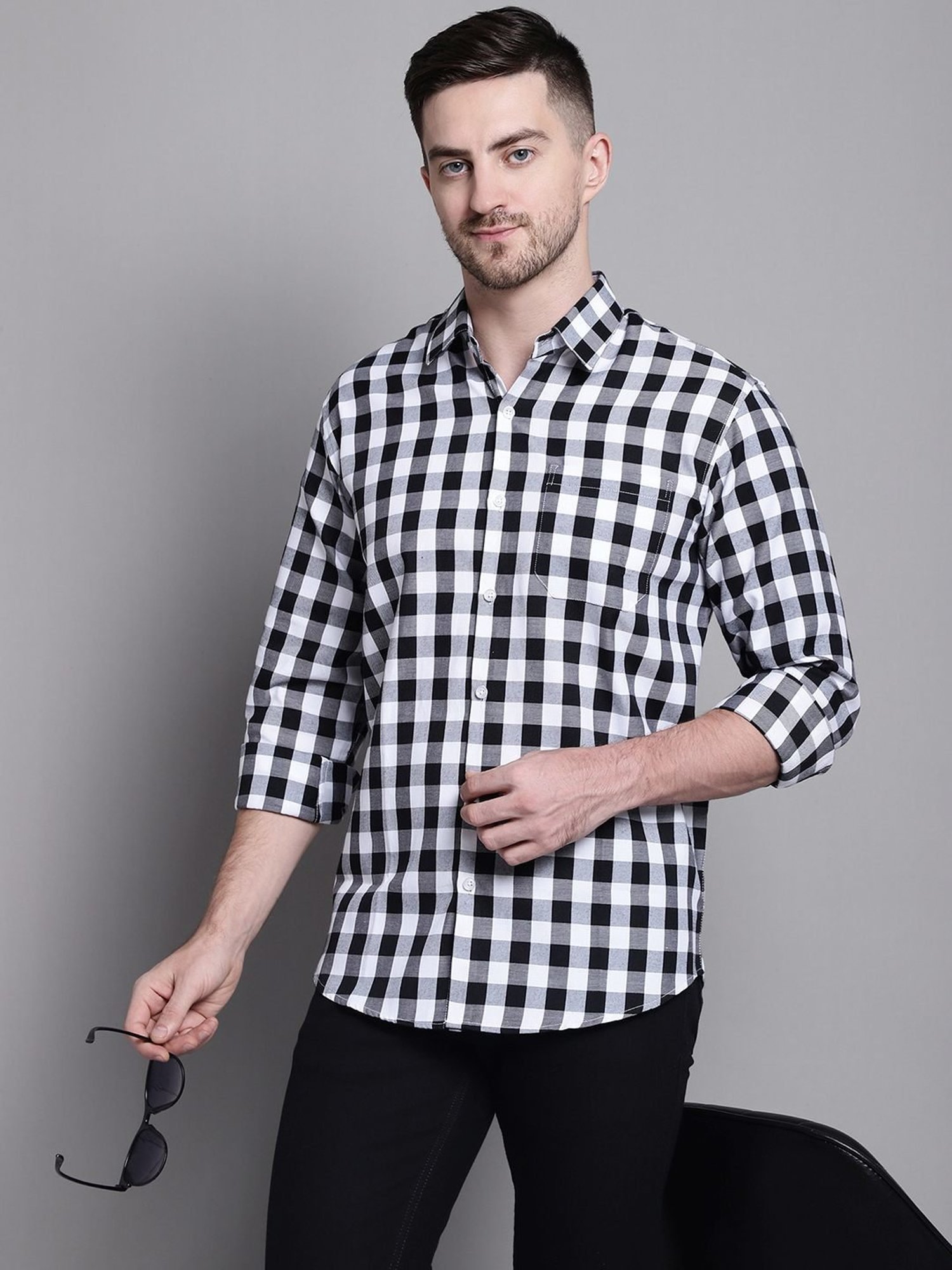 Jainish Black Cotton Regular Fit Checks Shirt