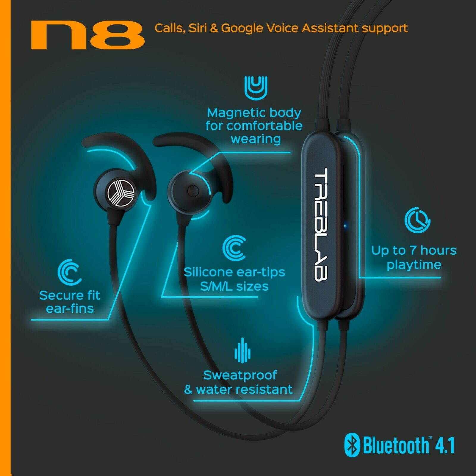 N8 Sports Bluetooth Headphones Neckband Earbuds Magnetic IPX5 Waterproof