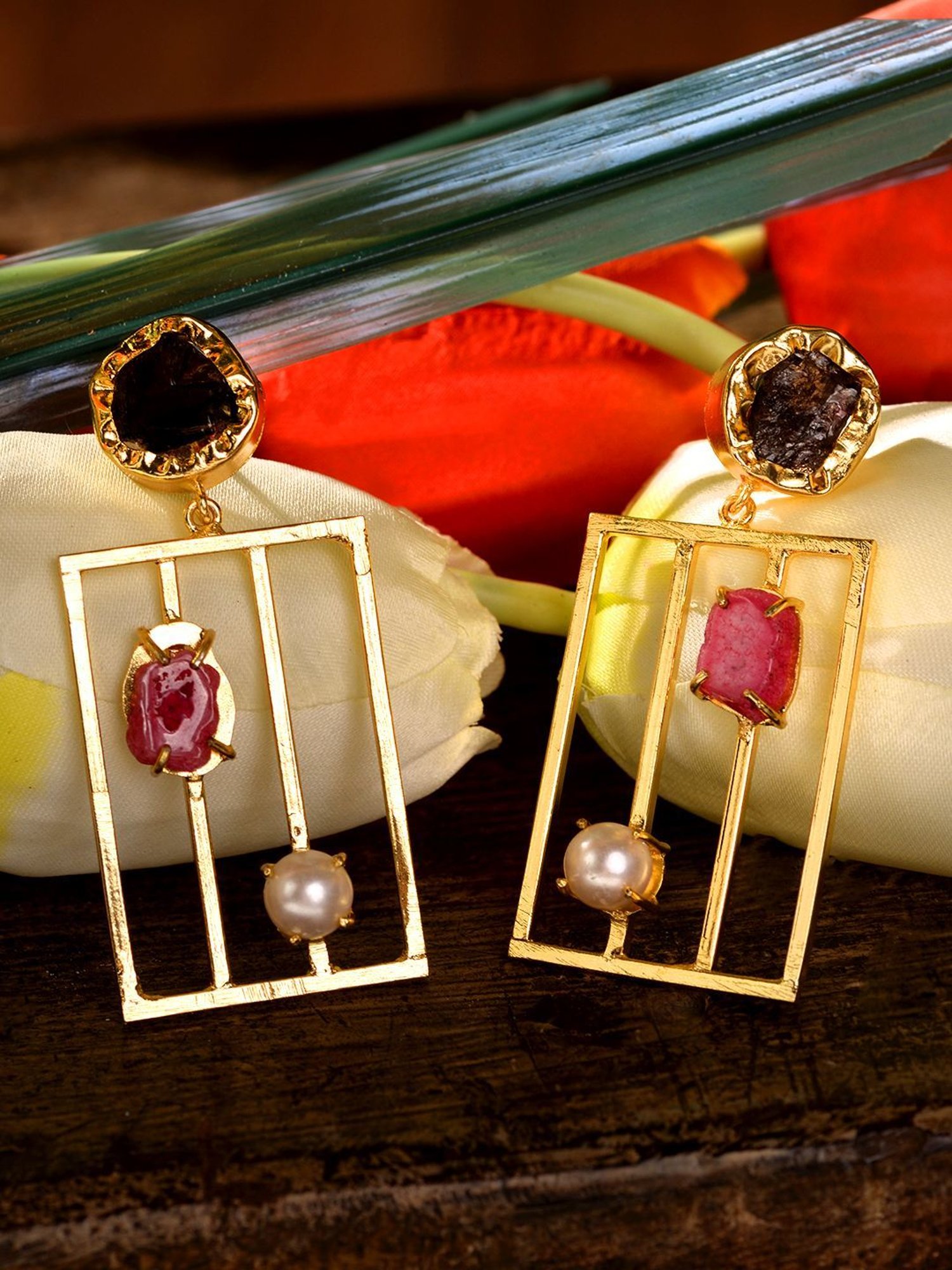 Saraf RS Jewellery Gold Rectangle shaped Pink Dangler Earrings