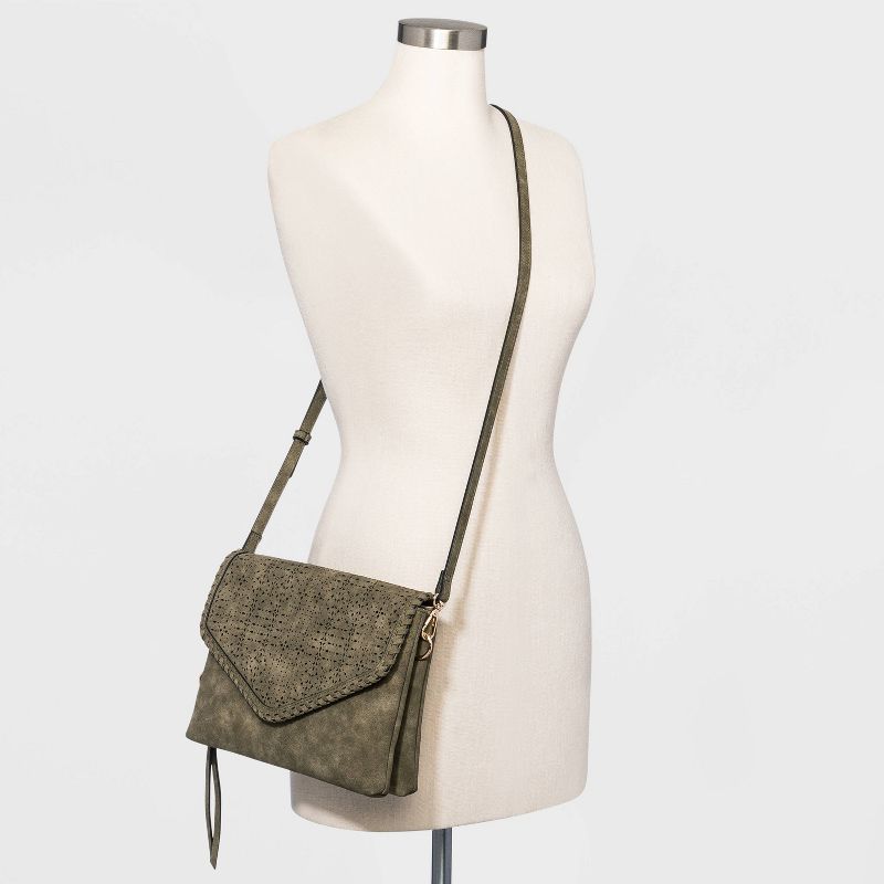 VR NYC Magnetic Closure Mosaic Design Laser Cut Crossbody Bag - Olive Green