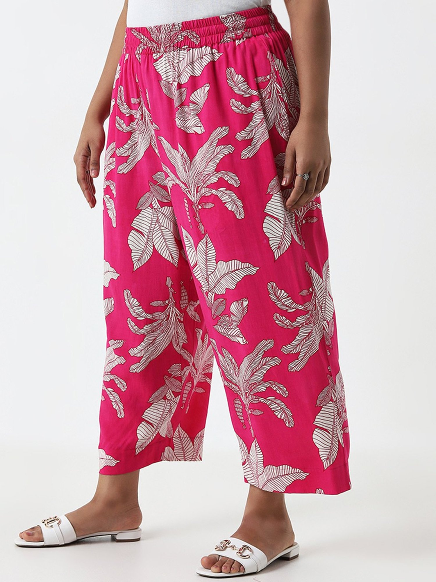Diza by Westside Magenta Foliage Printed High-Rise Cotton Ethnic Pants