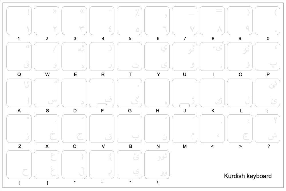 New Kurdish Keyboard Decals with White Lettering ON Transparent Background