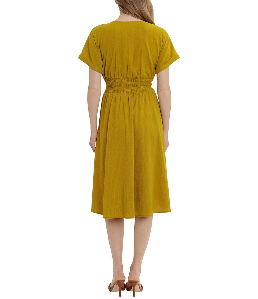 London Times Short Sleeve Elastic Smocked Waist V-Neck Midi Dress