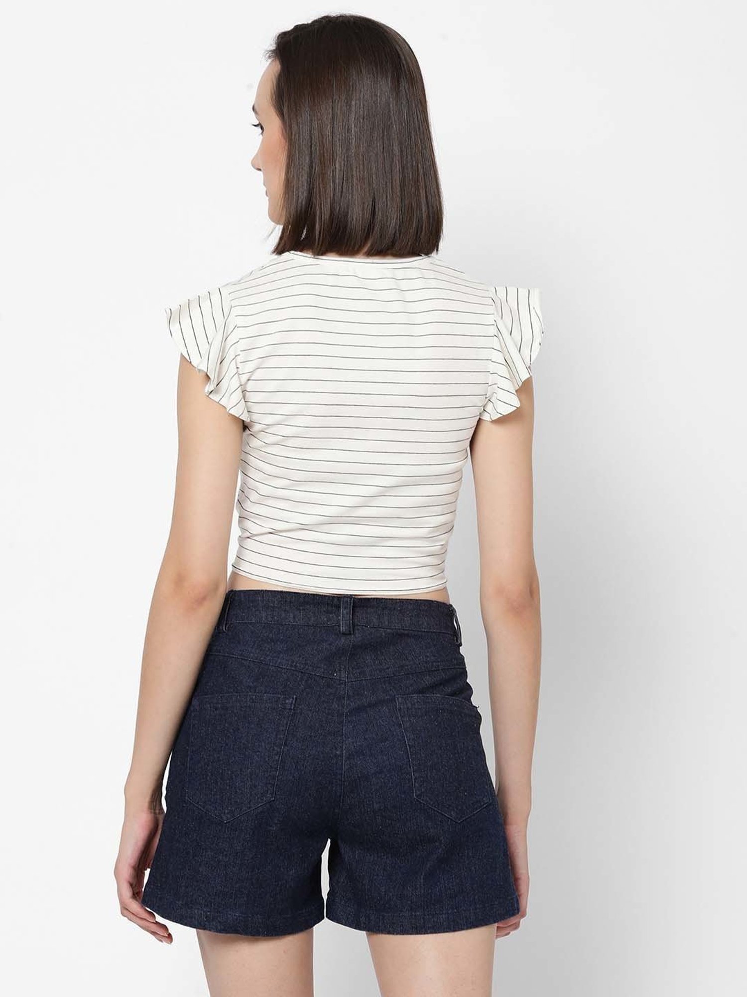 VASTRADO Off-White Cotton Striped Crop Top