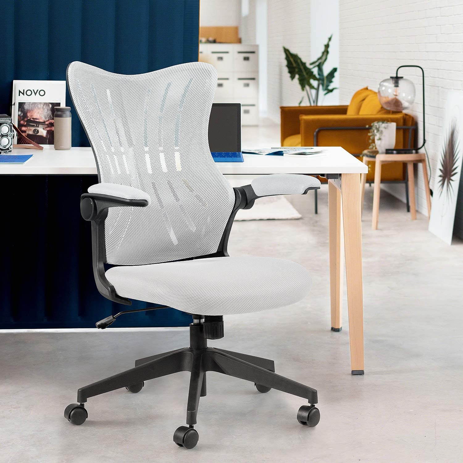 Furmax Office Desk Chair with Flip Up Arms, Mesh Mid Back Computer Chair Swivel Task Chair with Ergonomic Lumbar Support (White)