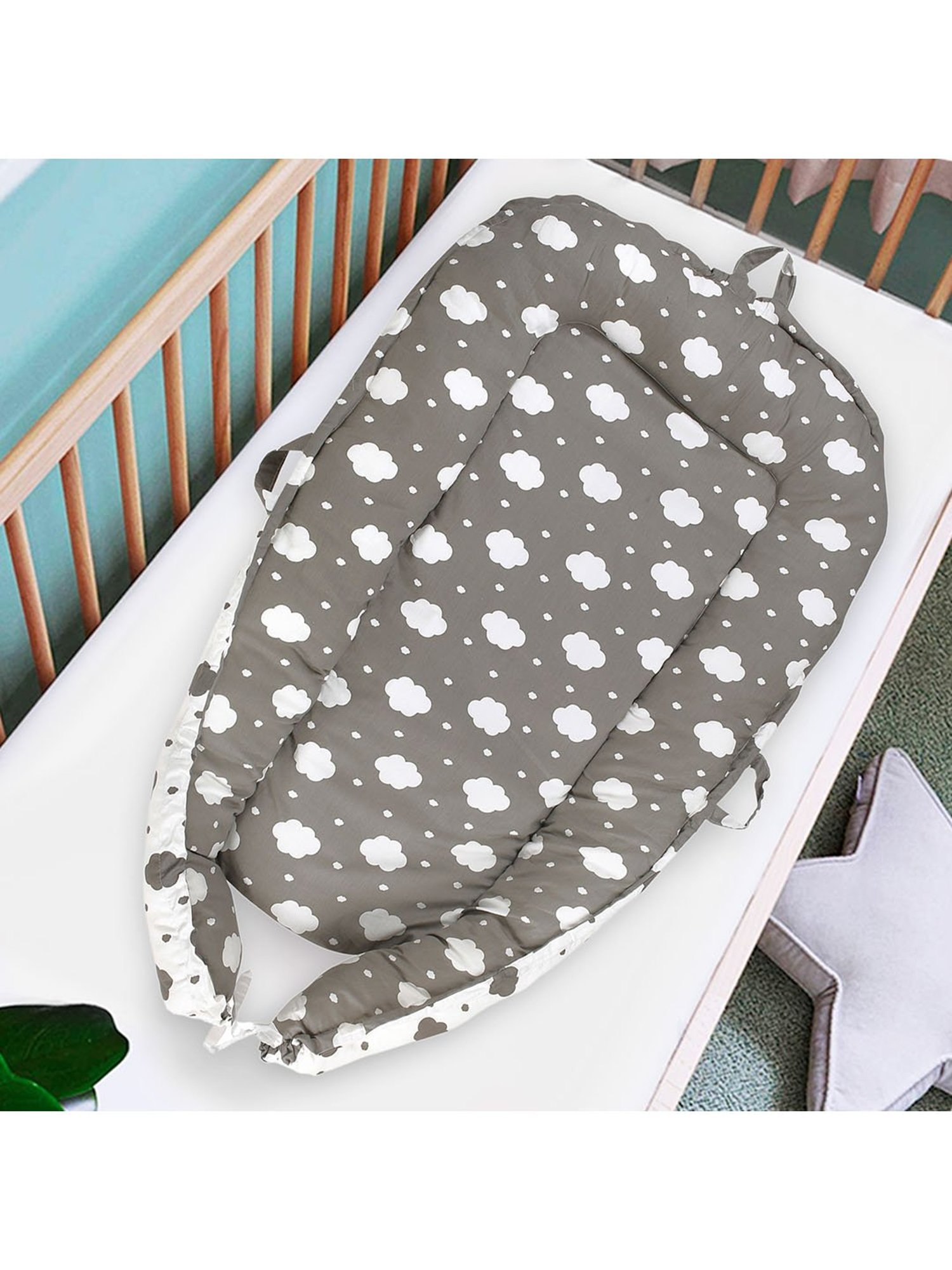 Baby Moo Baby Bed Cum Carry Nest Sleeping On A Cloud Grey