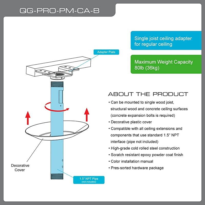 QGPROPMCAB ProAV Single Joist Ceiling Adapter for 15quot Npt Threaded Pipe Projector Accessory