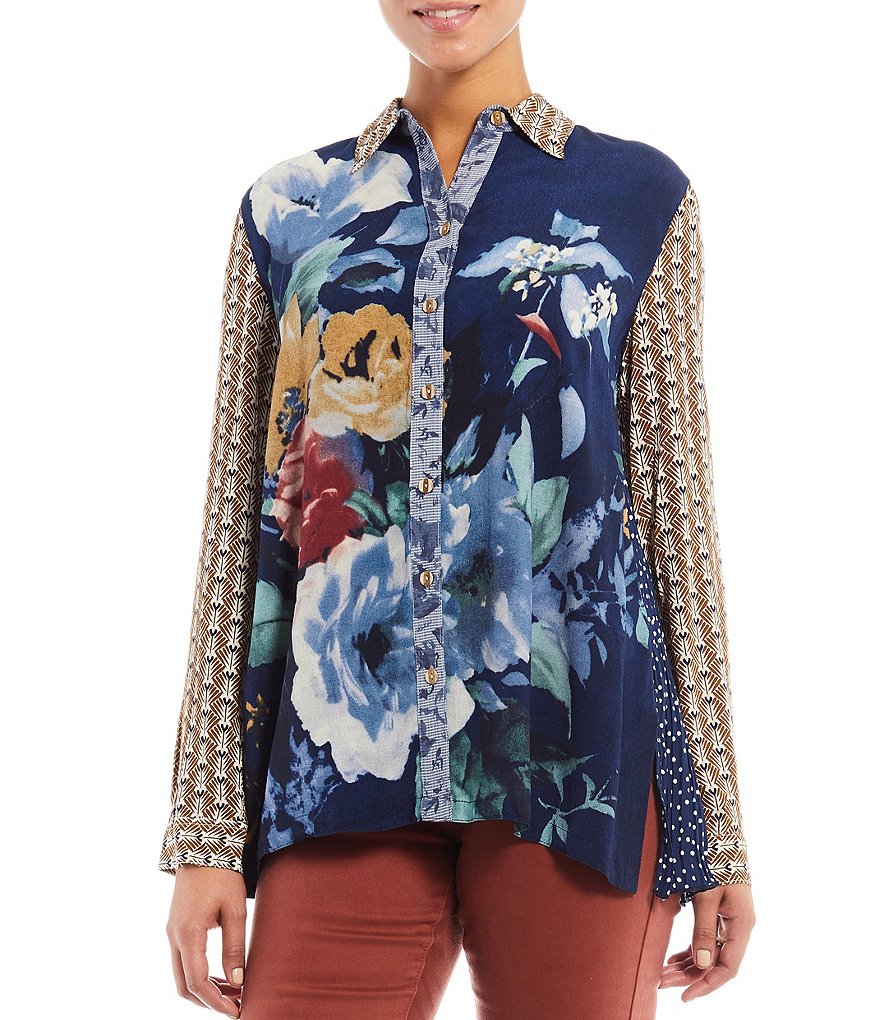 John Mark Mixed Media Floral Front Pleat Back Point Collar Long Cuffed Sleeve Crepe Tunic