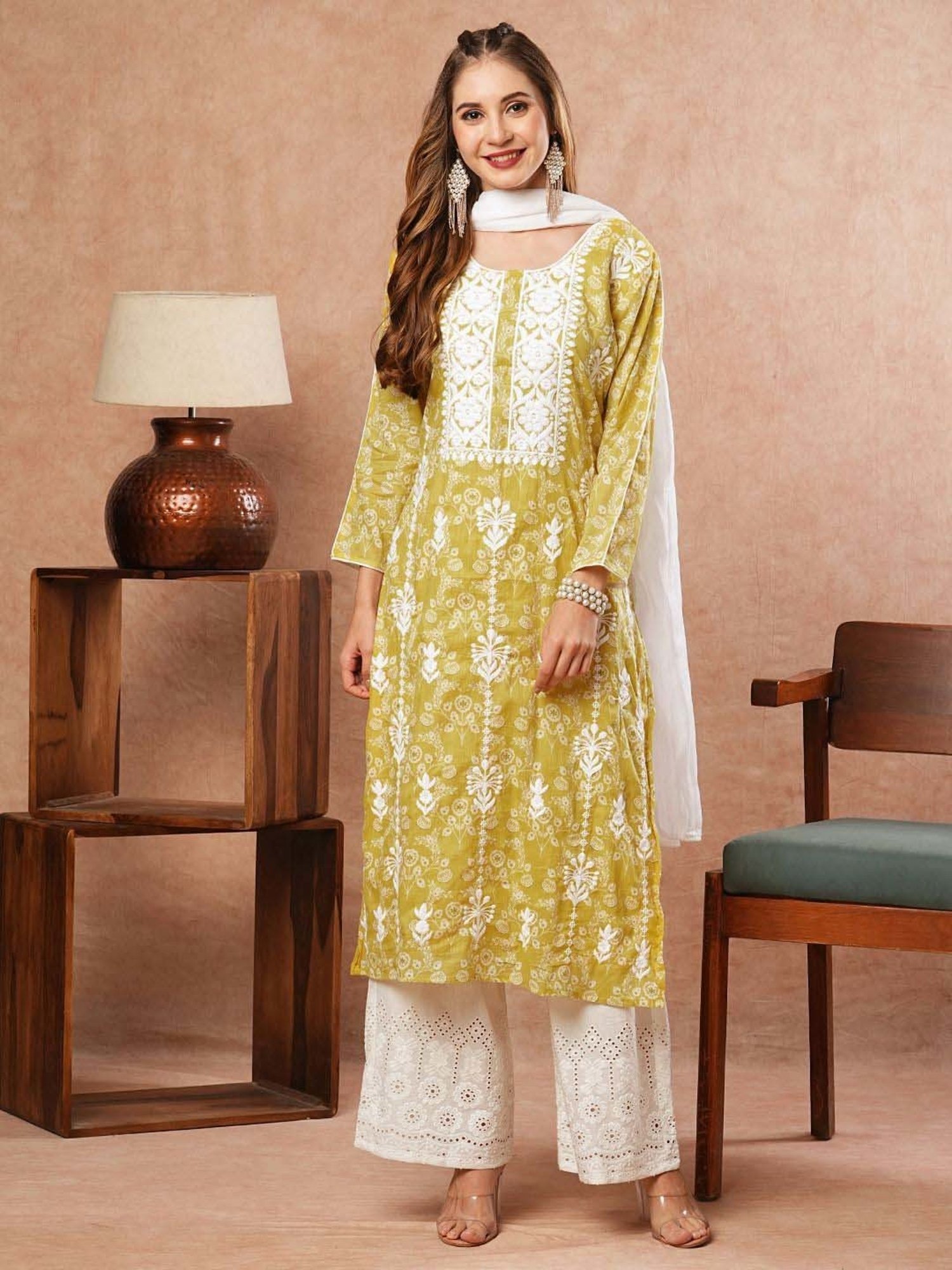 Fashor Yellow Cotton Embroidered Kurta & Palazzo Set With Dupatta