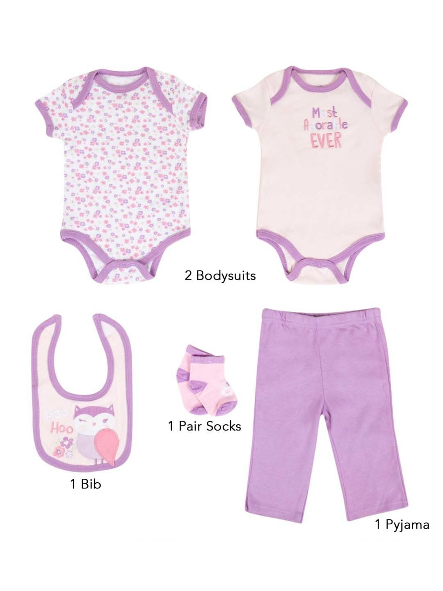 Baby Moo Kids Purple & White Cotton Printed Bodysuit Set